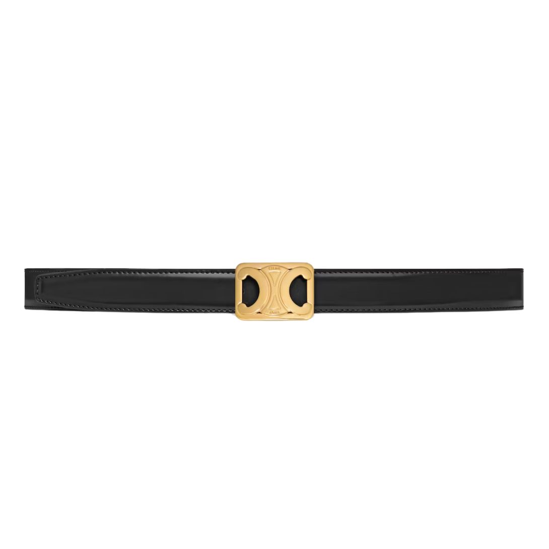 1 CELINE MEDIUM REVERSIBLE FRAMED TRIOMPHE BELT IN TAURILLON AND LIZARD EMBOSSED CALFSKIN BLACK