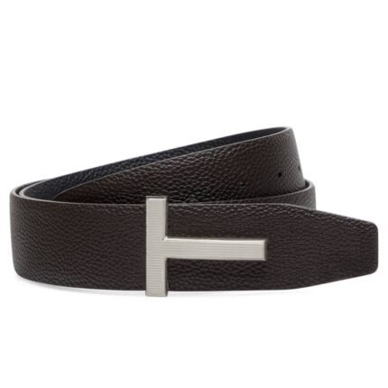 TOM FORD GRAIN LEATHER RIDGE BUCKLE T BELT DARK NAVY