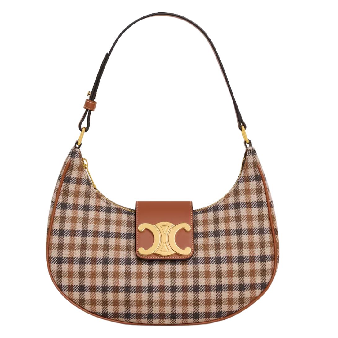 1 CELINE MEDIUM AVA TRIOMPHE BAG IN TARTAN TEXTILE AND CALFSKIN
