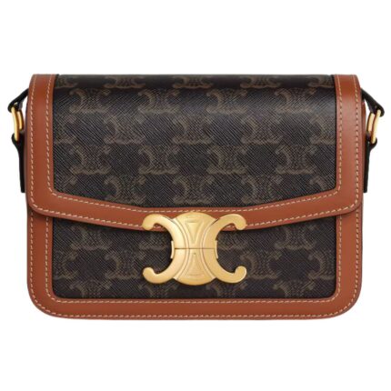 CELINE TEEN TRIOMPHE BAG IN TRIOMPHE CANVAS AND CALFSKIN TAN