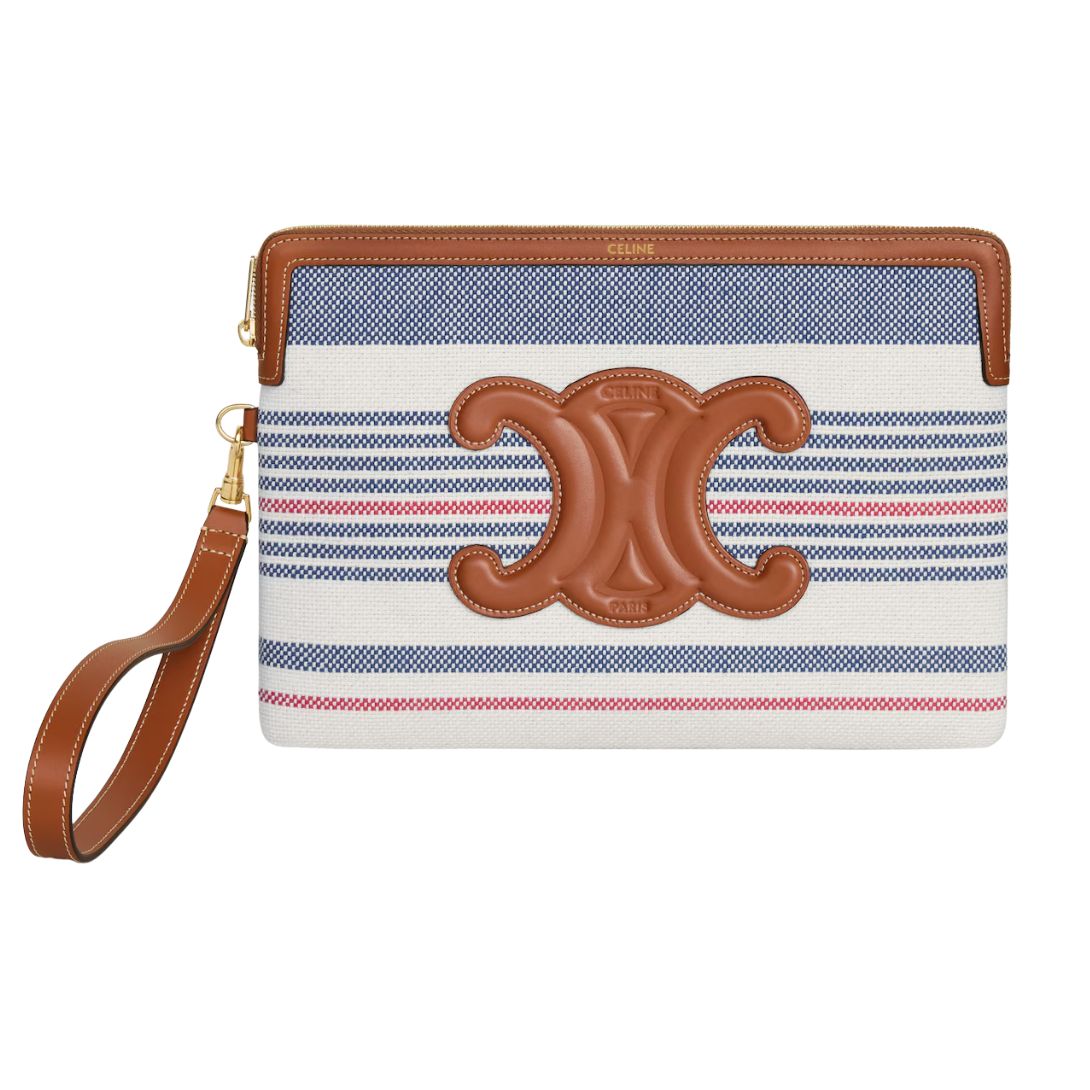 1 CELINE SMALL POUCH WITH STRAP IN STRIPED TEXTILE AND CALFSKIN