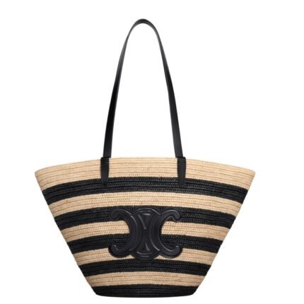 CELINE STRIPED COUFFIN CLASSIC PANIER IN RAFFIA AND CALFSKIN