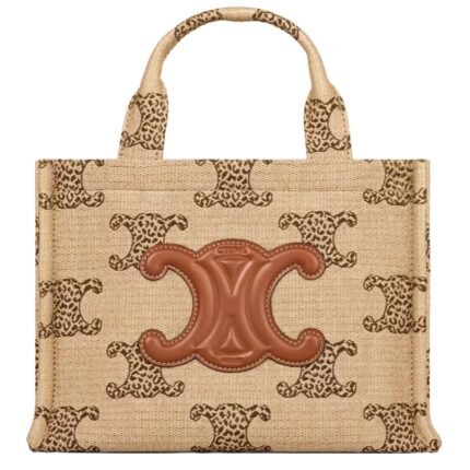 CELINE SMALL CABAS THAIS IN RAFFIA EFFECT TEXTILE WITH LEOPARD TRIOMPHE