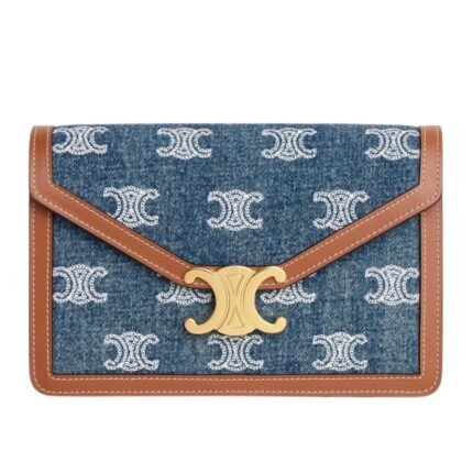 CELINE WALLET ON CHAIN MARGO IN DENIM WITH TRIOMPHE ALL OVER EMBROIDERY AND CALFSKIN