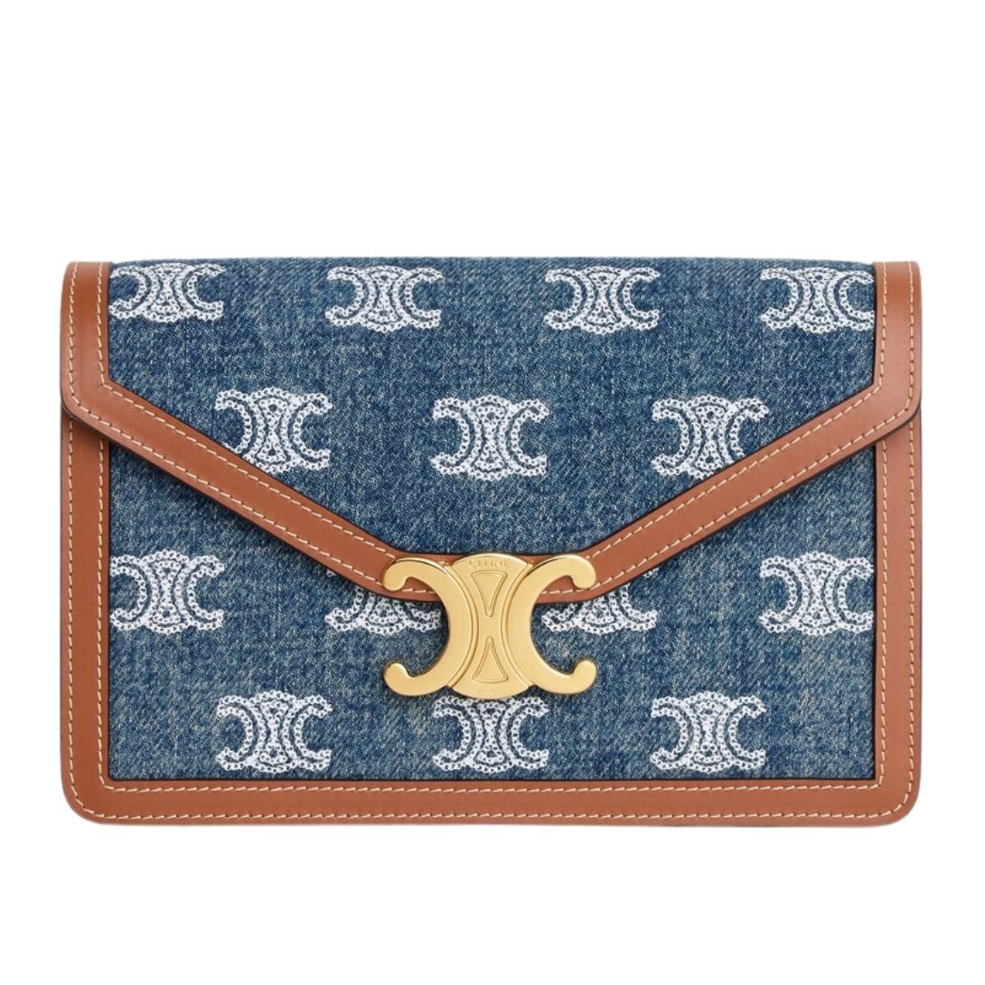 1 CELINE WALLET ON CHAIN MARGO IN DENIM WITH TRIOMPHE ALL OVER EMBROIDERY AND CALFSKIN