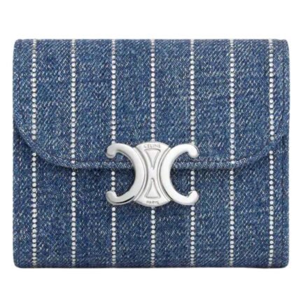 CELINE SMALL FLAP WALLET TRIOMPHE IN STRIPED DENIM WITH STRASS