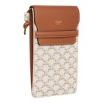 CELINE PHONE POUCH WITH FLAP IN TRIOMPHE CANVAS AND LAMBSKIN WHITE-TAN