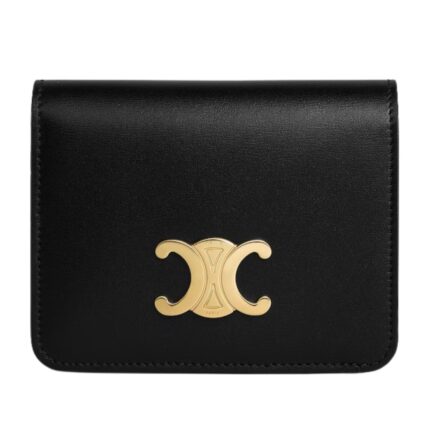 CELINE TRIOMPHE COMPACT WALLET IN SHINY CALFSKIN BLACK