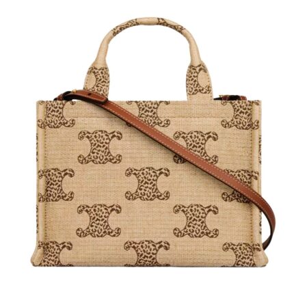 CELINE SMALL CABAS THAIS IN RAFFIA EFFECT TEXTILE WITH LEOPARD TRIOMPHE