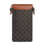 CELINE PHONE POUCH WITH FLAP IN TRIOMPHE CANVAS AND LAMBSKIN TAN