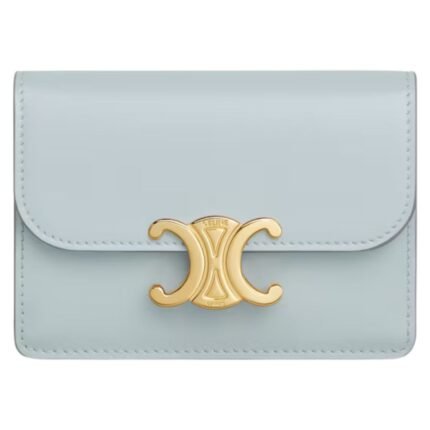 CELINE CARD HOLDER WITH FLAP TRIOMPHE IN SHINY CALFSKIN ICE BLUE