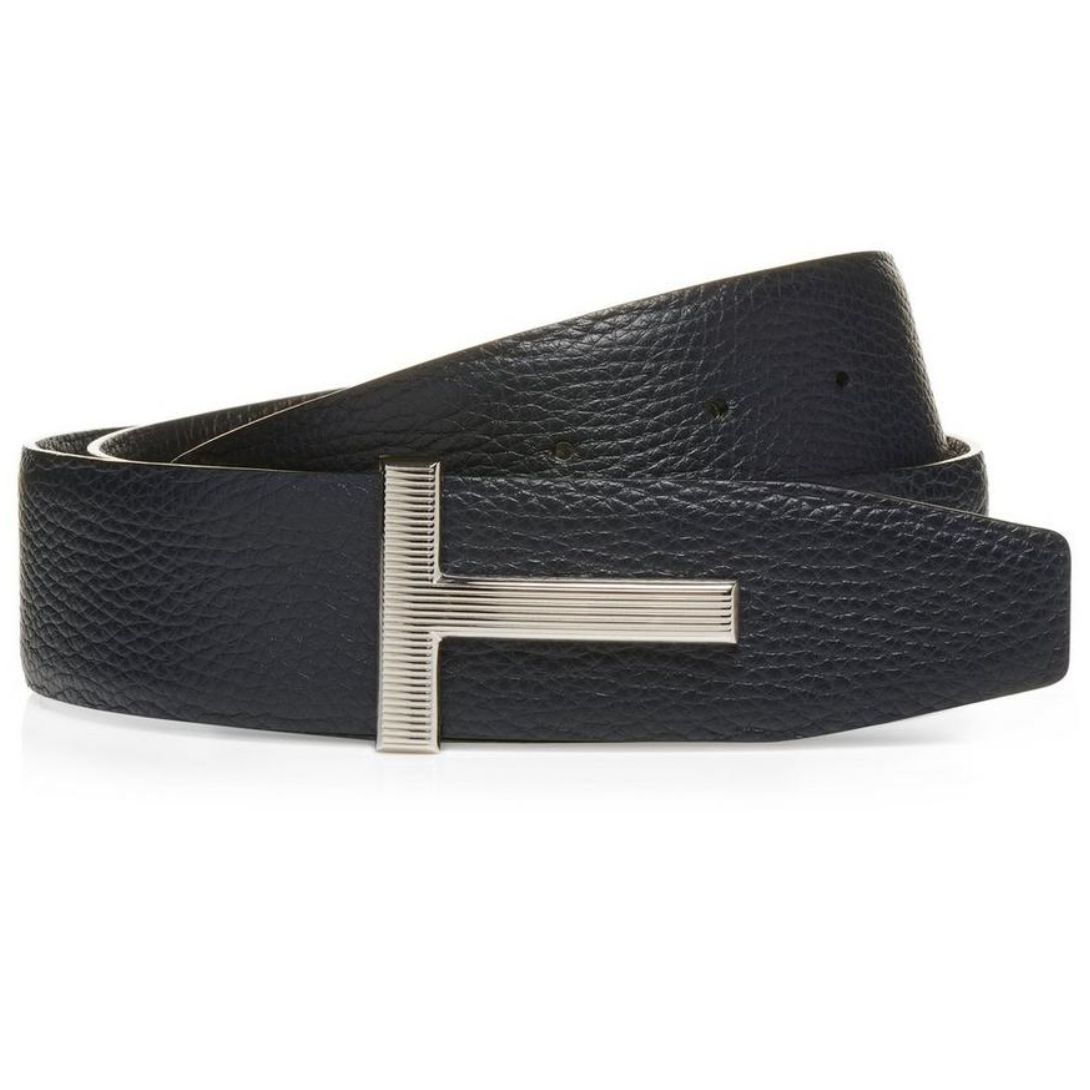 3 TOM FORD GRAIN LEATHER RIDGE BUCKLE T BELT DARK NAVY