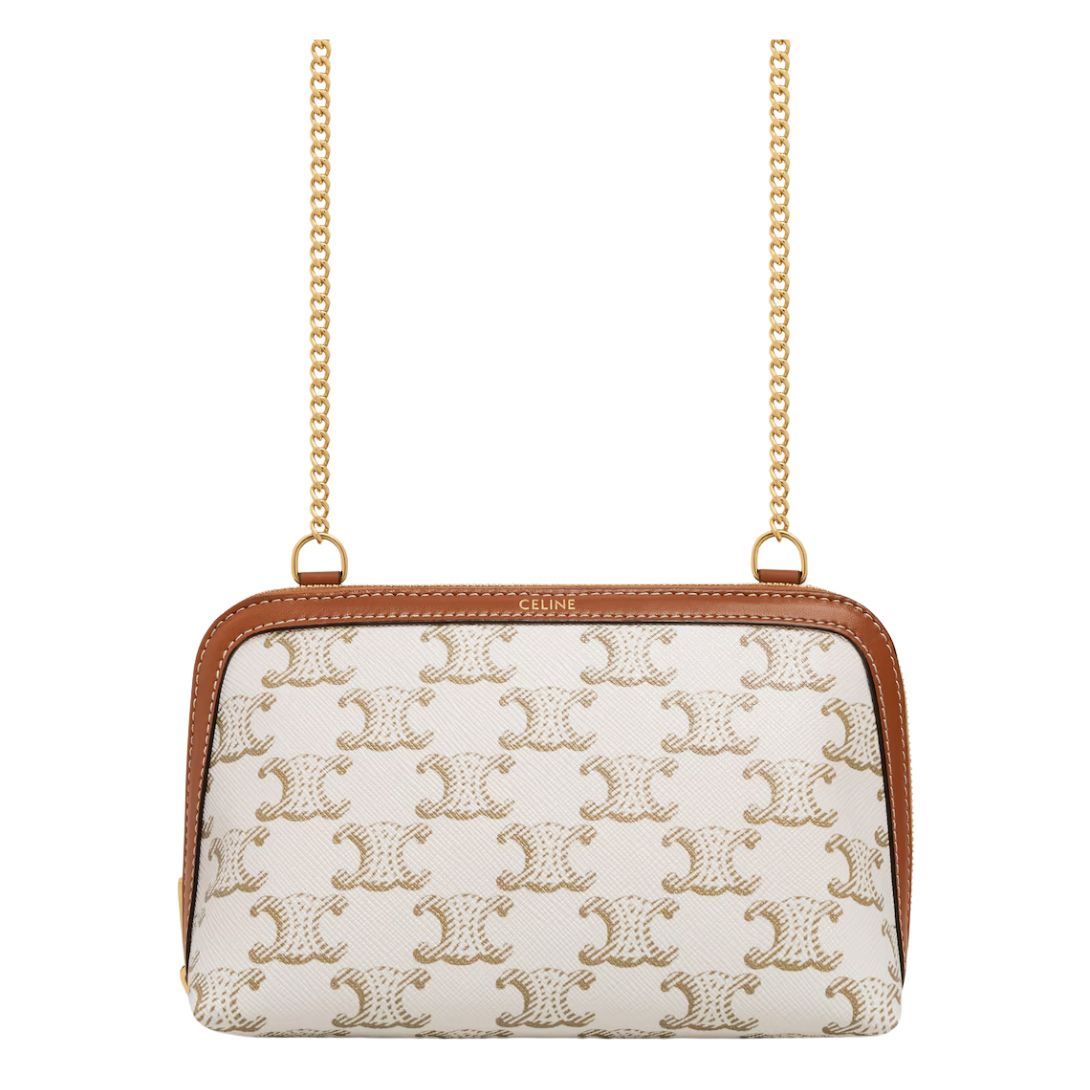 5 CELINE CLUTCH WITH CHAIN IN TRIOMPHE CANVAS AND LAMBSKIN WHITE-TAN