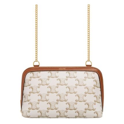 CELINE CLUTCH WITH CHAIN IN TRIOMPHE CANVAS AND LAMBSKIN TAN