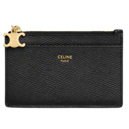 CELINE ZIPPED CARD HOLDER TRIOMPHE CHARMS IN GRAINED CALFSKIN BLACK