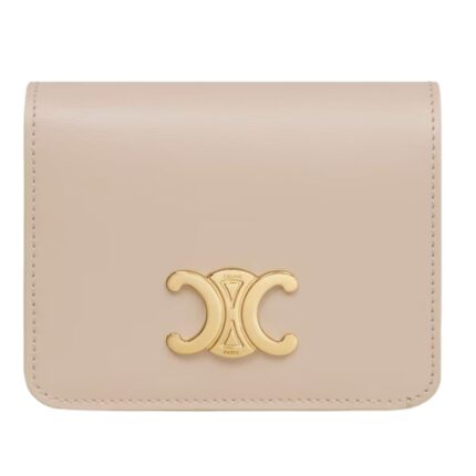 CELINE TRIOMPHE COMPACT WALLET IN SHINY CALFSKIN LIGHT STONE