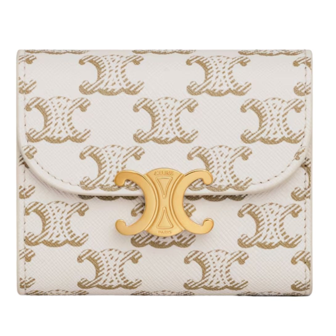 5 CELINE SMALL FLAP WALLET TRIOMPHE IN TRIOMPHE CANVAS WHITE-TAN