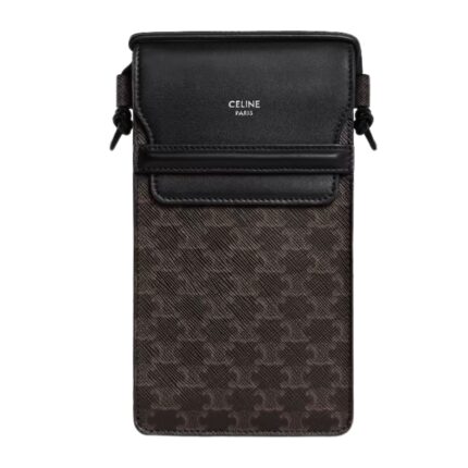 CELINE PHONE POUCH WITH FLAP IN TRIOMPHE CANVAS AND LAMBSKIN BLACK