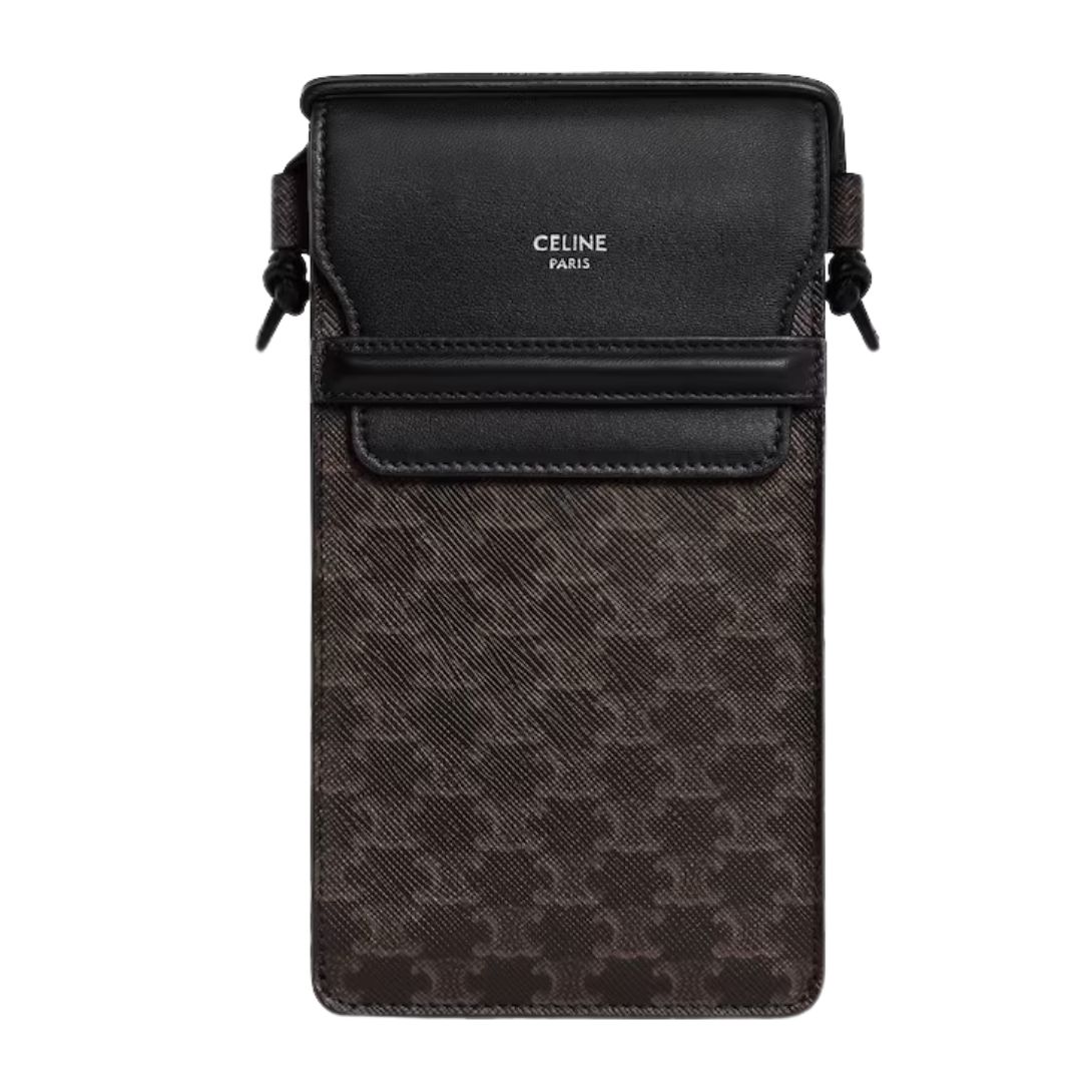 5 CELINE PHONE POUCH WITH FLAP IN TRIOMPHE CANVAS AND LAMBSKIN BLACK