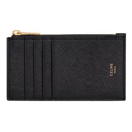 CELINE ZIPPED COMPACT CARD HOLDER ESSENTIALS IN GRAINED CALFSKIN BLACK