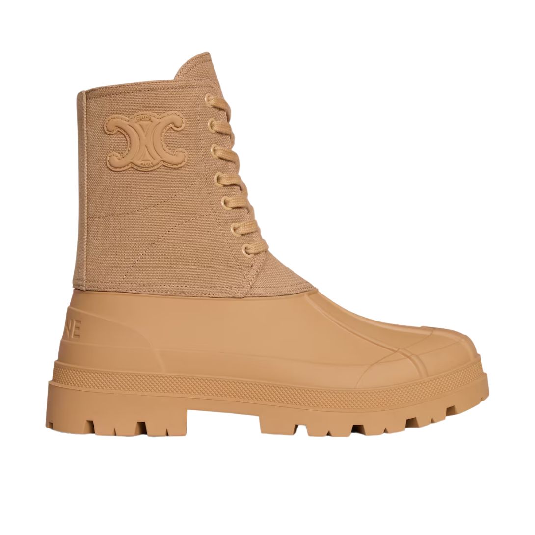 5 CELINE RILEY LACE UP BOOT IN CANVAS CARAMEL