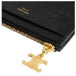 CELINE ZIPPED CARD HOLDER TRIOMPHE CHARMS IN GRAINED CALFSKIN BLACK