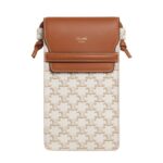 CELINE PHONE POUCH WITH FLAP IN TRIOMPHE CANVAS AND LAMBSKIN WHITE-TAN