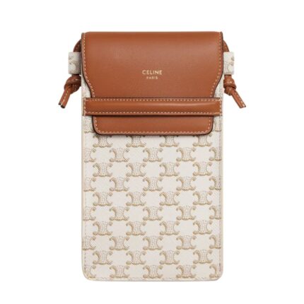CELINE PHONE POUCH WITH FLAP IN TRIOMPHE CANVAS AND LAMBSKIN WHITE-TAN