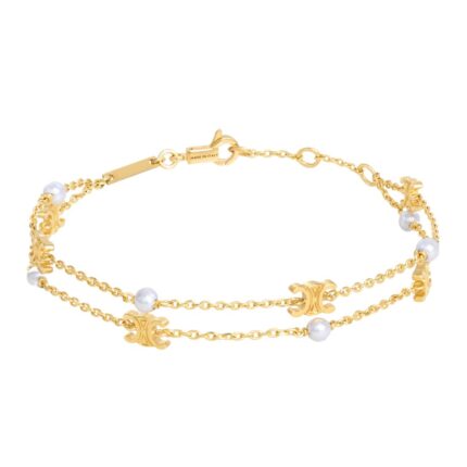CELINE LES PERLES DOUBLE BRACELET IN BRASS WITH GOLD FINISH AND RESIN PEARLS