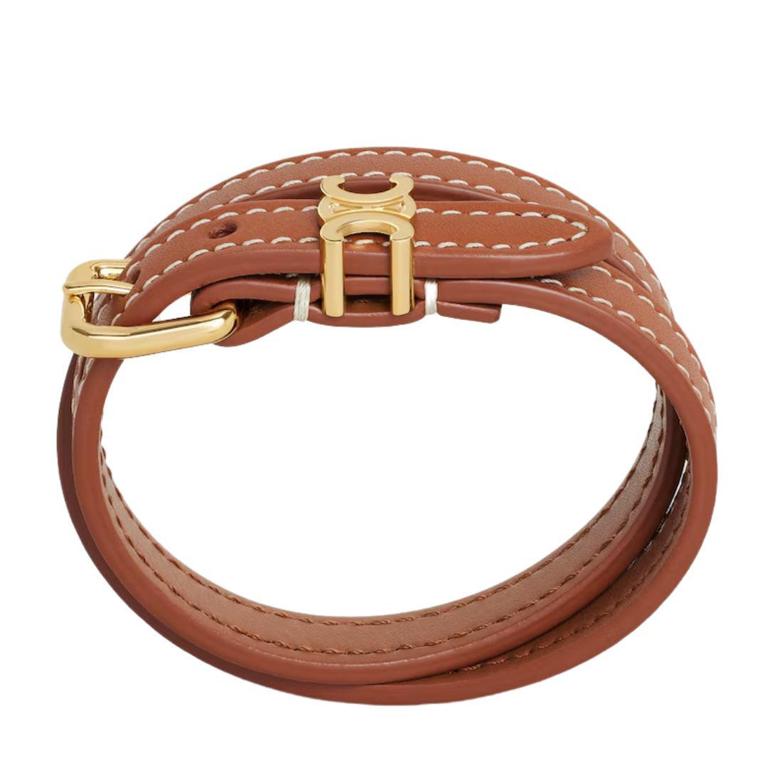 1 CELINE LES CUIRS DOUBLE BRACELET IN CALFSKIN AND BRASS WITH GOLD FINISH