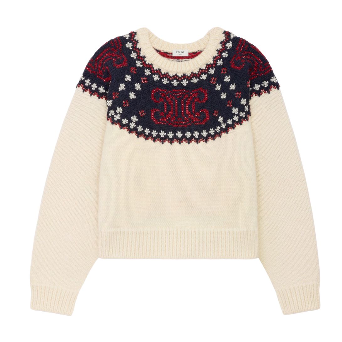 1 CELINE EMBROIDERED CREW NECK SWEATER IN FAIR ISLE WOOL