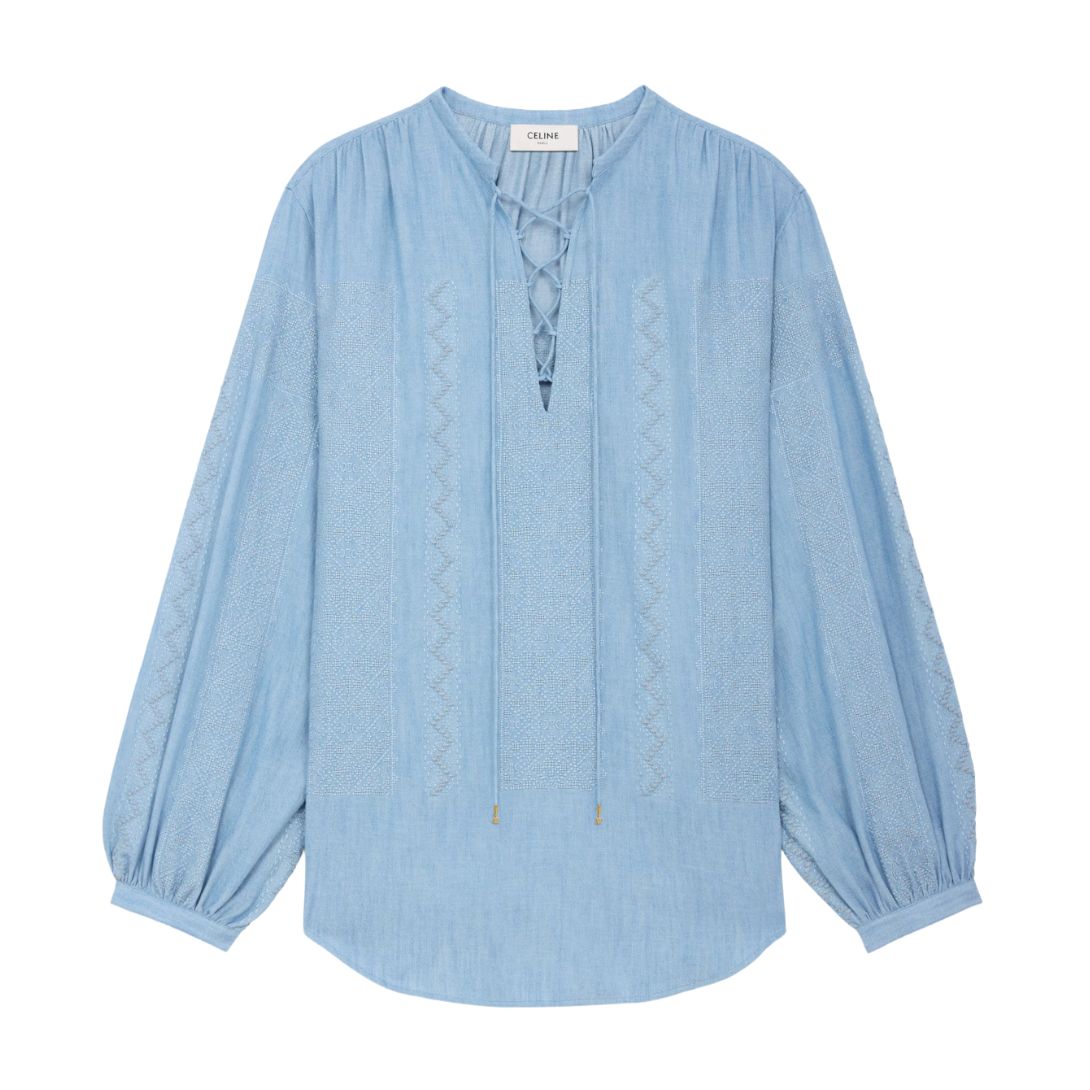 1 CELINE EMBROIDERED ROMY BLOUSE IN CHAMBRAY COTTON