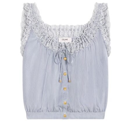 CELINE EMBROIDERED FOLK TOP IN STRIPED COTTON AND CASHMERE