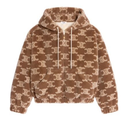 CELINE HOODED JACKET IN TRIOMPHE WOOL AND FUR NOISETTE