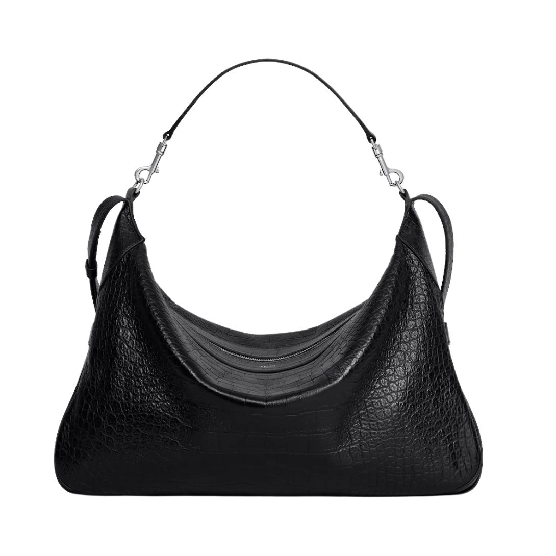 1 CELINE LARGE STRAP ROMY IN CROCODILE EMBOSSED DEERSKIN BLACK