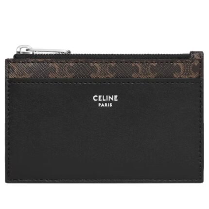 CELINE ZIPPED CARD HOLDER IN TRIOMPHE CANVAS AND LAMBSKIN BLACK