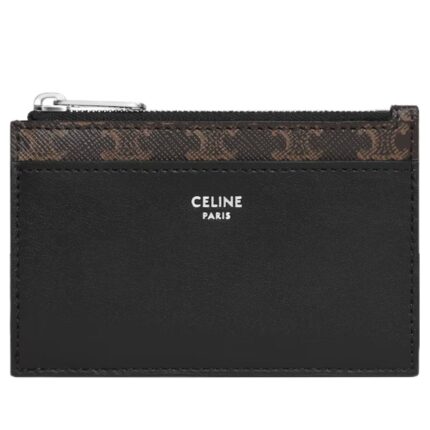 CELINE ZIPPED CARD HOLDER IN TRIOMPHE CANVAS AND LAMBSKIN TAN