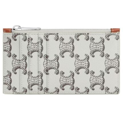 CELINE ZIPPED CARD HOLDER IN TRIOMPHE CANVAS AND CALFSKIN TAN