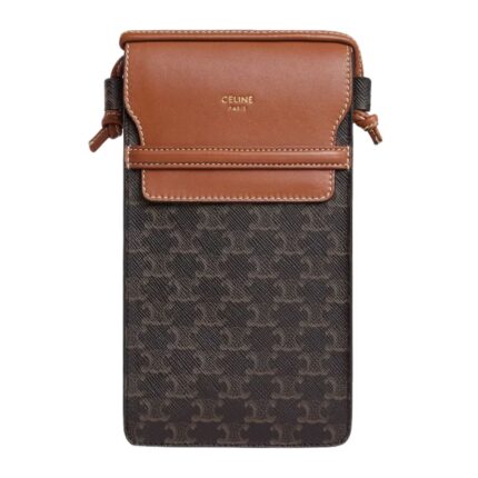 CELINE PHONE POUCH WITH FLAP IN TRIOMPHE CANVAS AND LAMBSKIN WHITE-TAN
