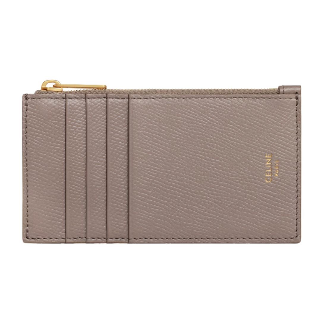 1 CELINE ZIPPED COMPACT CARD HOLDER ESSENTIALS IN GRAINED CALFSKIN PEBBLE