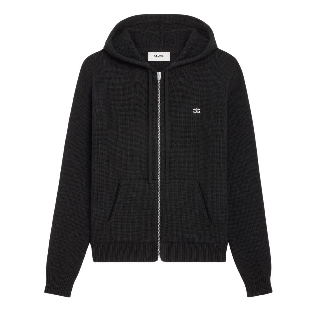 1 CELINE TRIOMPHE HOODED SWEATER IN WOOL AND CASHMERE BLACK-OFF WHITE