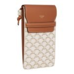 CELINE PHONE POUCH WITH FLAP IN TRIOMPHE CANVAS AND LAMBSKIN WHITE-TAN