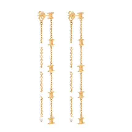 CELINE LES PERLES LONG EARRINGS IN BRASS WITH GOLD FINISH AND RESIN PEARLS