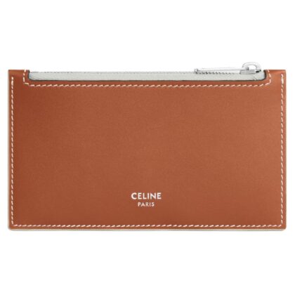 CELINE ZIPPED CARD HOLDER IN TRIOMPHE CANVAS AND CALFSKIN TAN