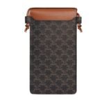CELINE PHONE POUCH WITH FLAP IN TRIOMPHE CANVAS AND LAMBSKIN TAN