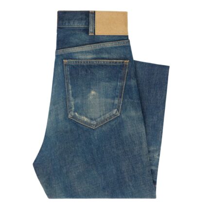 CELINE KURT JEANS IN DESTROYED BLUE MARBLE DENIM