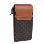 CELINE PHONE POUCH WITH FLAP IN TRIOMPHE CANVAS AND LAMBSKIN TAN
