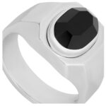 CELINE BEVELLED SIGNET RING IN ONYX AND STERLING SILVER WITH RHODIUM FINISH