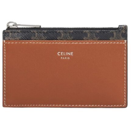 CELINE ZIPPED CARD HOLDER IN TRIOMPHE CANVAS AND LAMBSKIN TAN