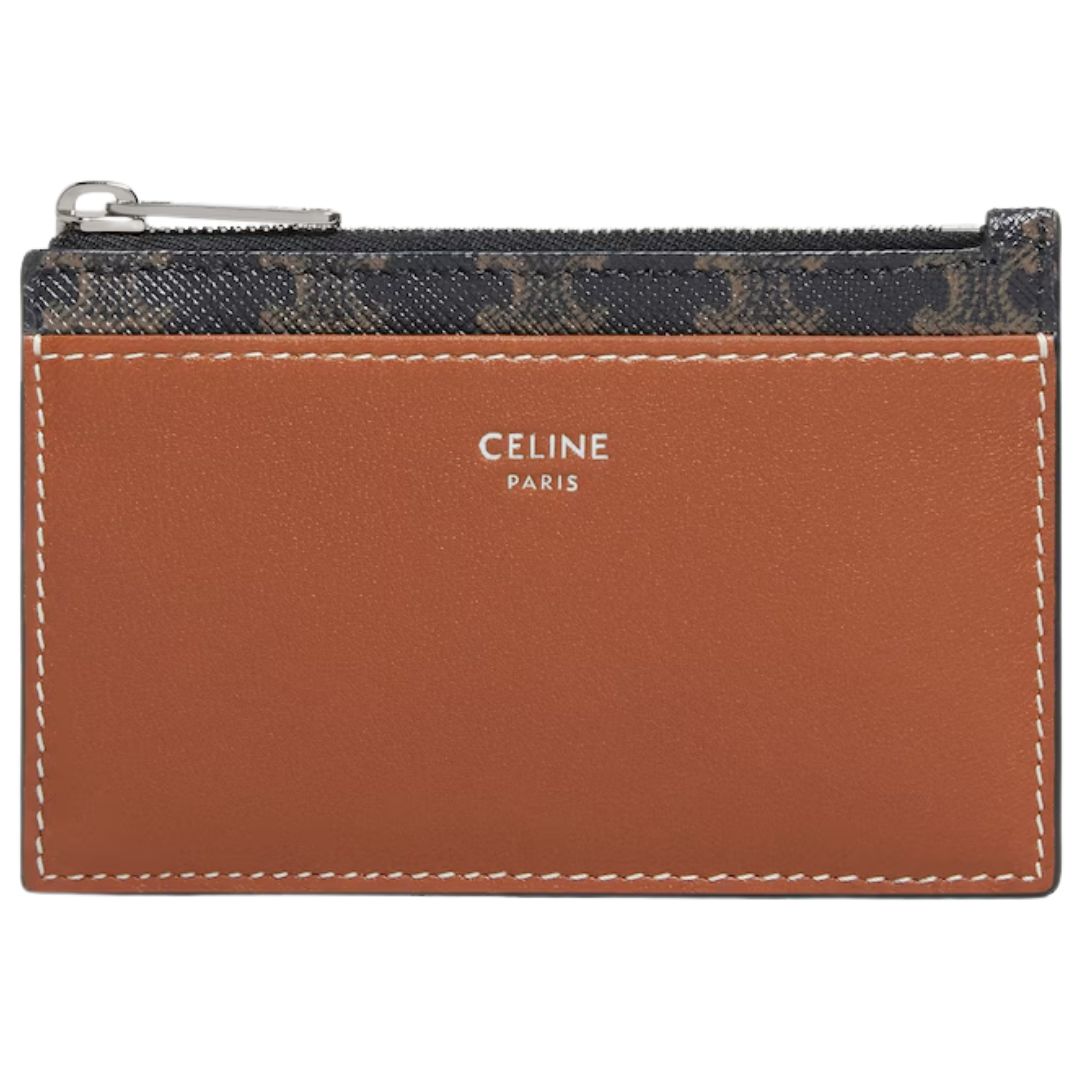 5 CELINE ZIPPED CARD HOLDER IN TRIOMPHE CANVAS AND LAMBSKIN TAN